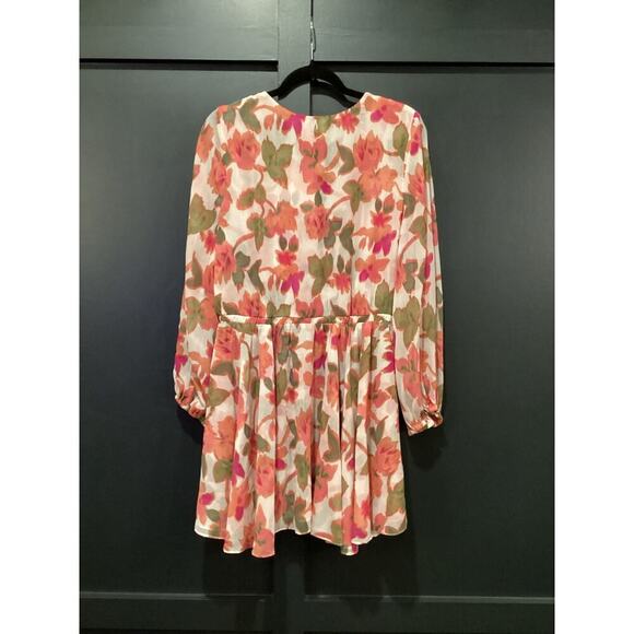 MISA Caria sonora flora Blouson Sleeve Tie Waist Mini Dress Floral Multicolor L - Picture 10 of 12